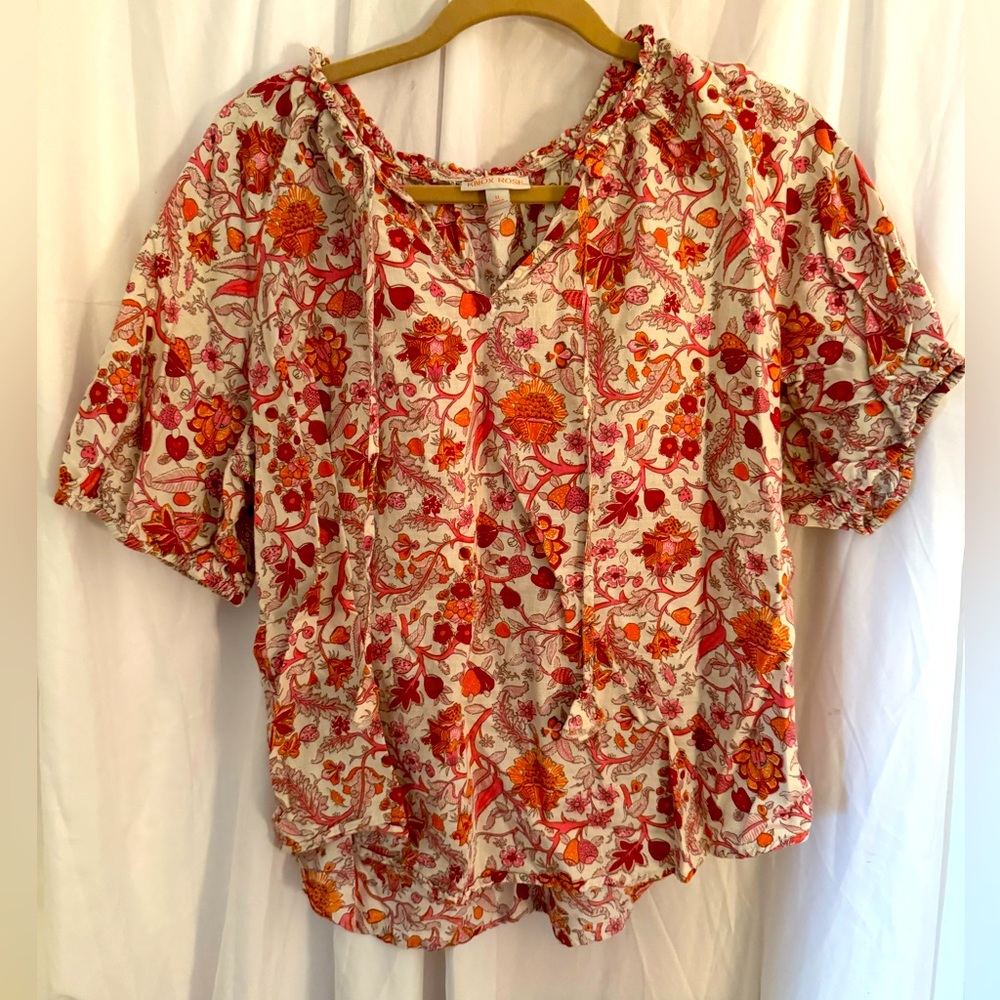 Knox Rose xl cotton loose fit tie front 3/4 sleeve orange tones floral top